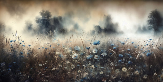 foggy landscape painting of wildflowers