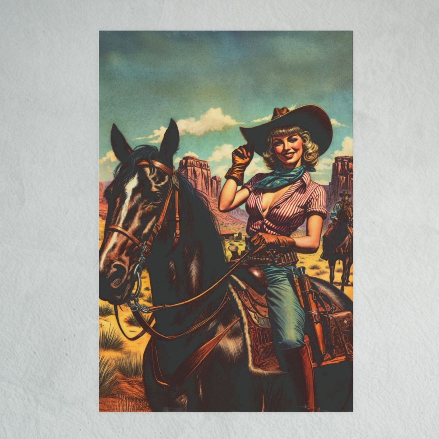Poster - Retro Sassy Cowgirl Riding Horse - Wild Western Themed Portrait