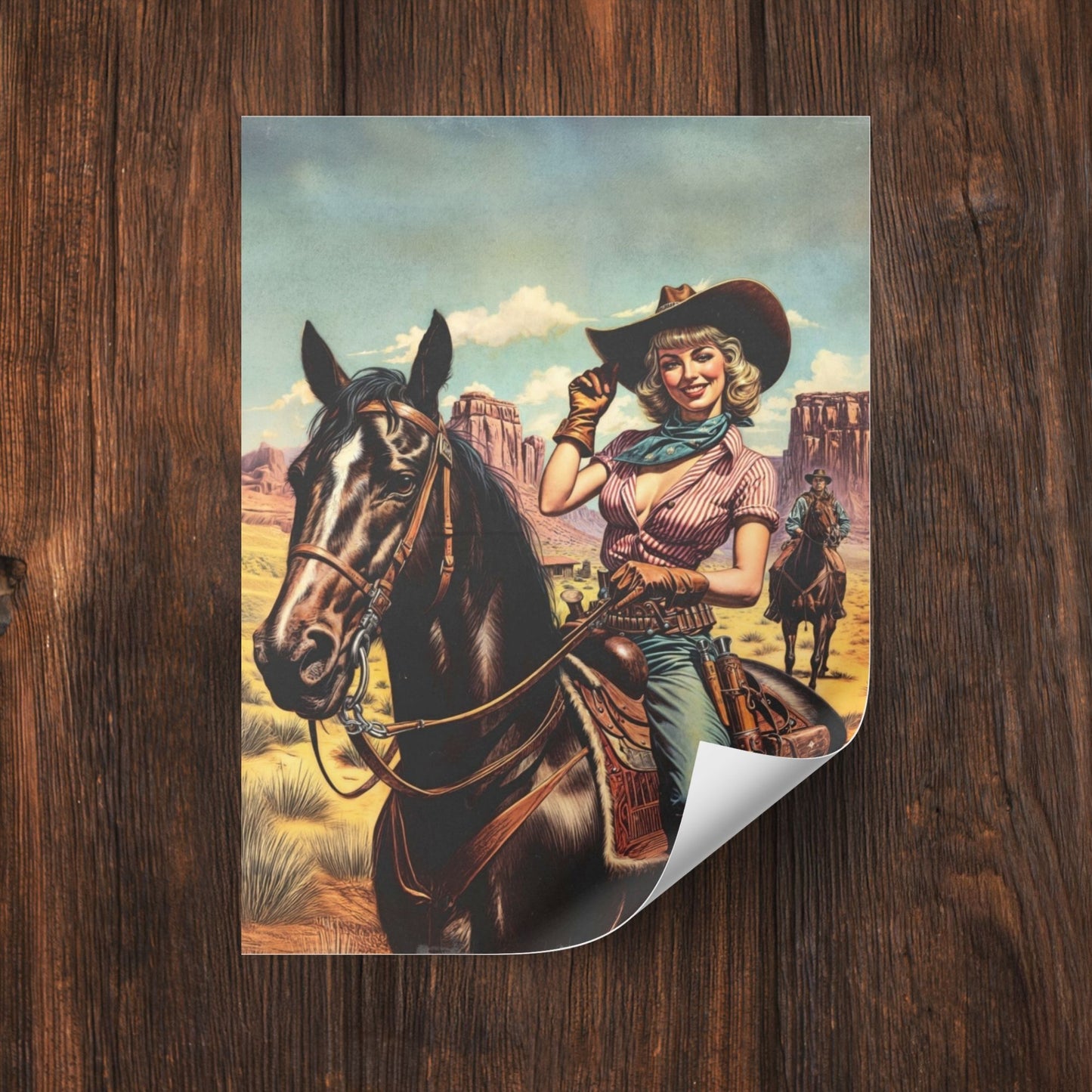 Poster - Retro Sassy Cowgirl Riding Horse - Wild Western Themed Portrait