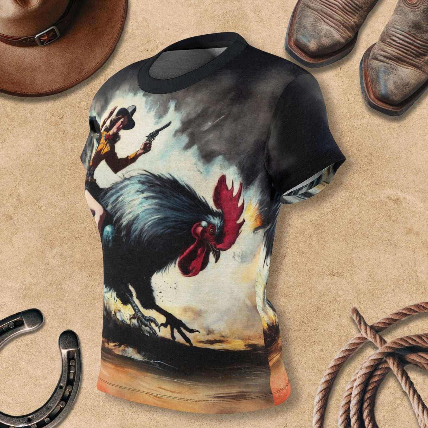 Women's Tee - Retro Ridin' the Rooster Rodeo Cowgirl Western Art Shirt