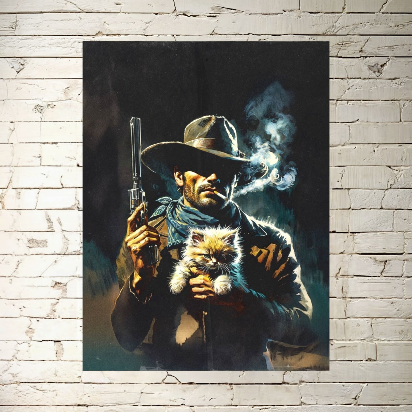 Poster Print - Smoking Cowboy with Kitten, Western Style Gunslinger Portrait