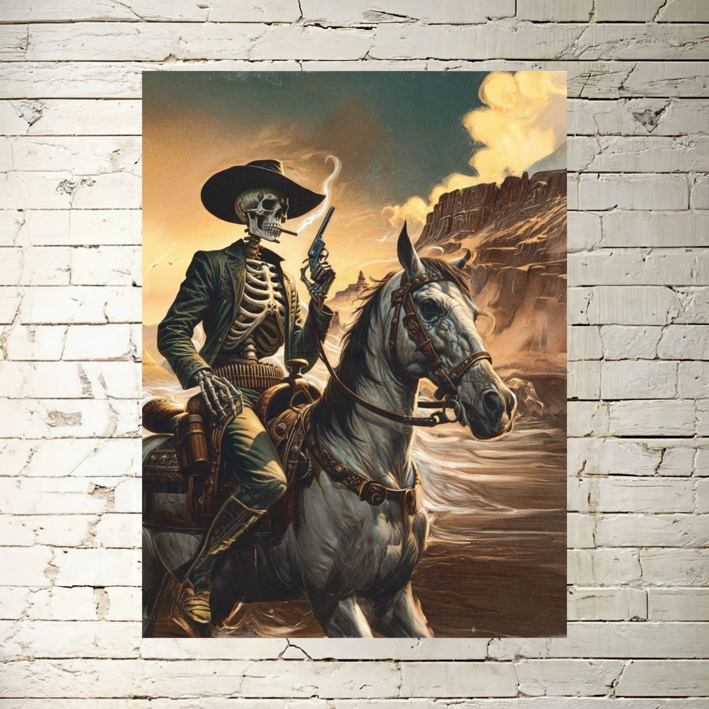 Poster - Smoking Cowboy Skeleton Riding Pale Horse Retro Western Gunslinger Portrait