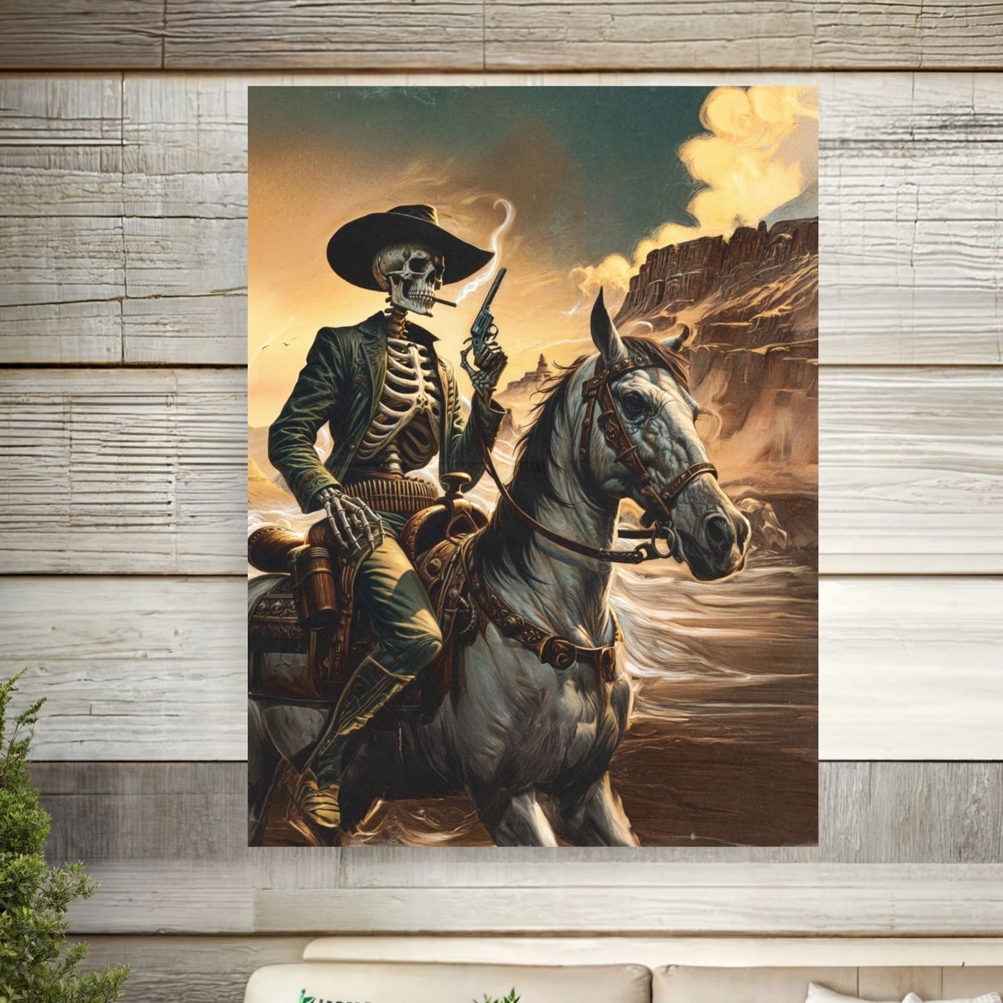 Poster - Smoking Cowboy Skeleton Riding Pale Horse Retro Western Gunslinger Portrait