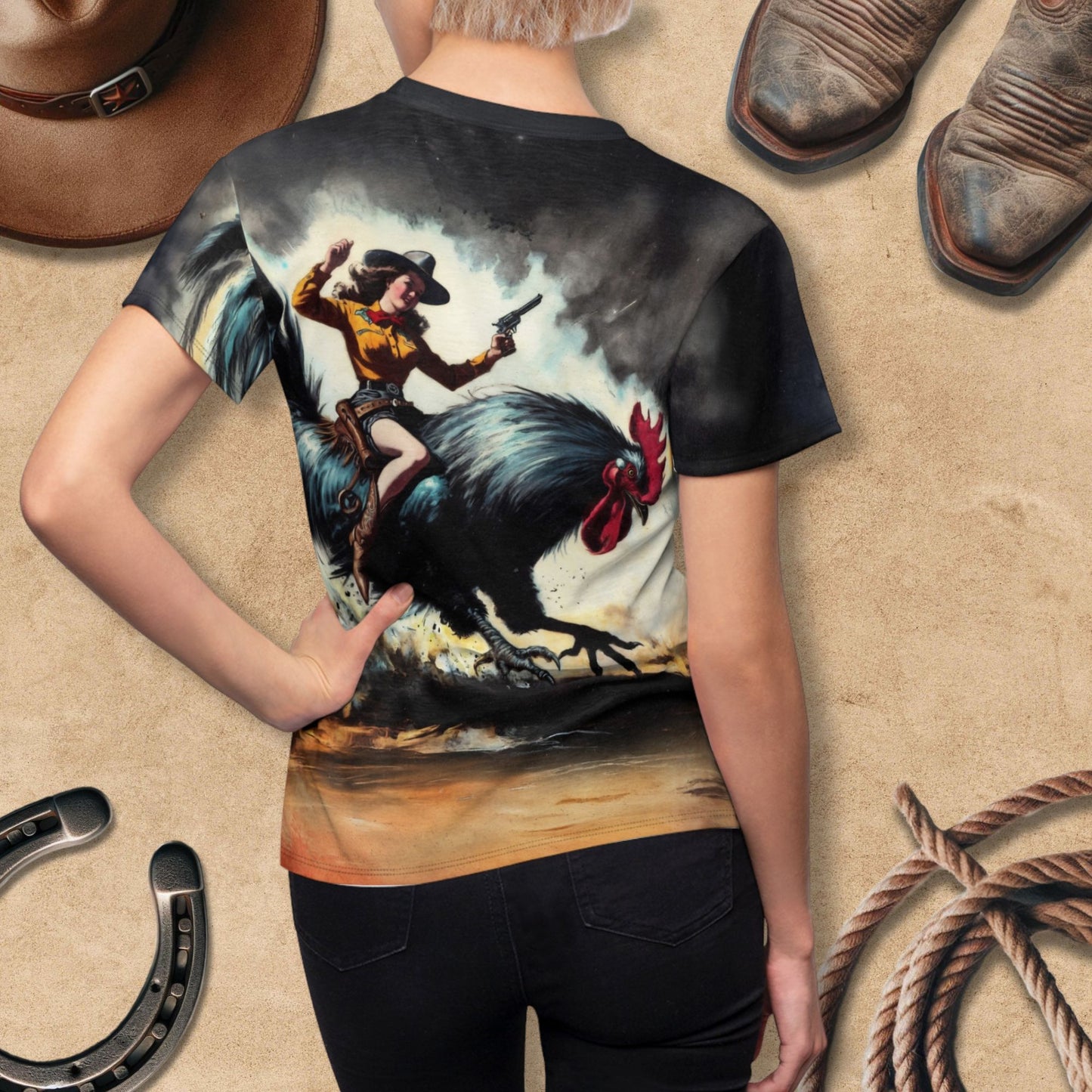 Women's Tee - Retro Ridin' the Rooster Rodeo Cowgirl Western Art Shirt