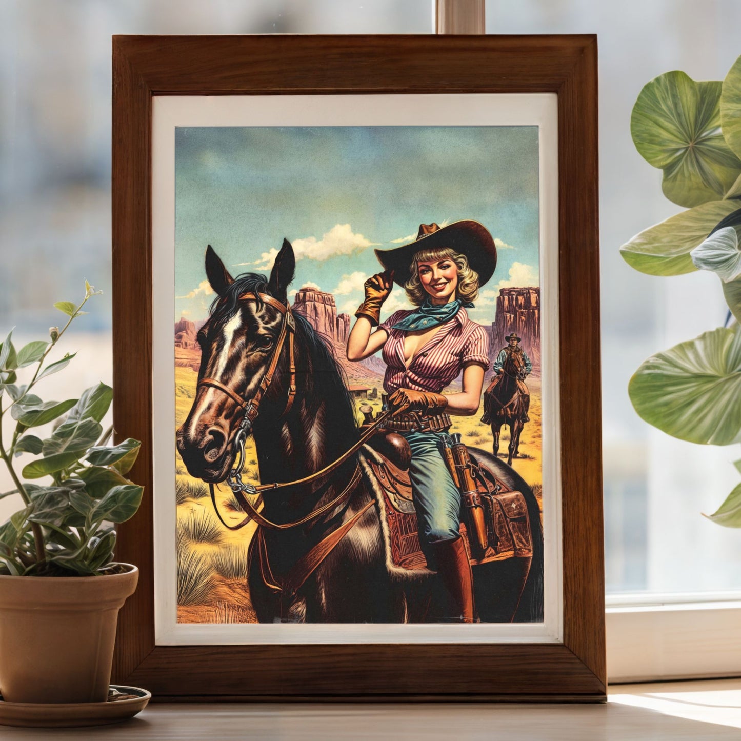 Poster - Retro Sassy Cowgirl Riding Horse - Wild Western Themed Portrait