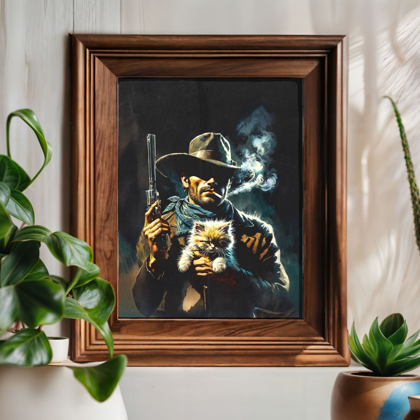 Poster Print - Smoking Cowboy with Kitten, Western Style Gunslinger Portrait