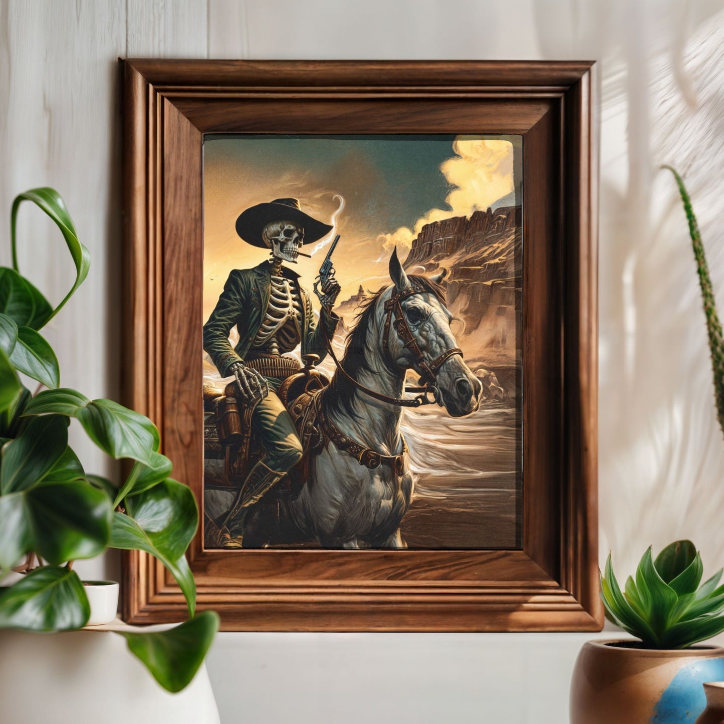 Poster - Smoking Cowboy Skeleton Riding Pale Horse Retro Western Gunslinger Portrait