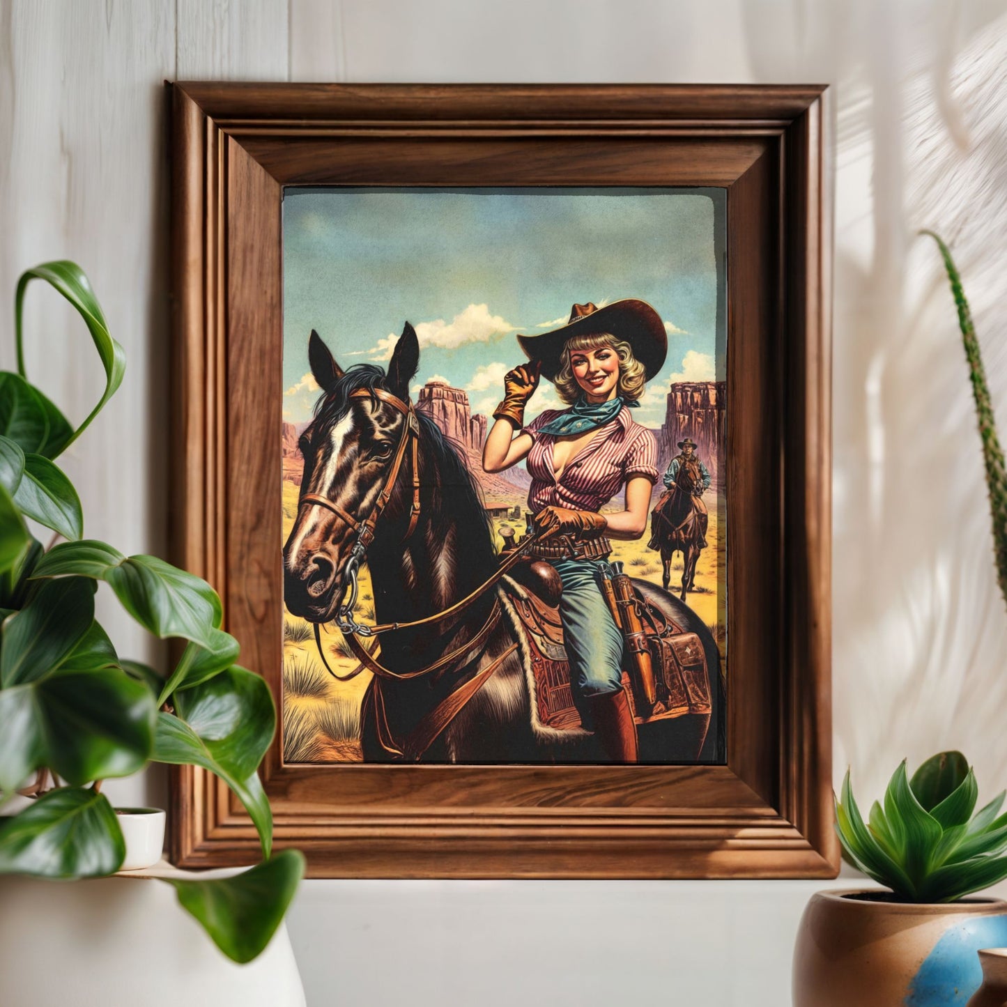 Poster - Retro Sassy Cowgirl Riding Horse - Wild Western Themed Portrait