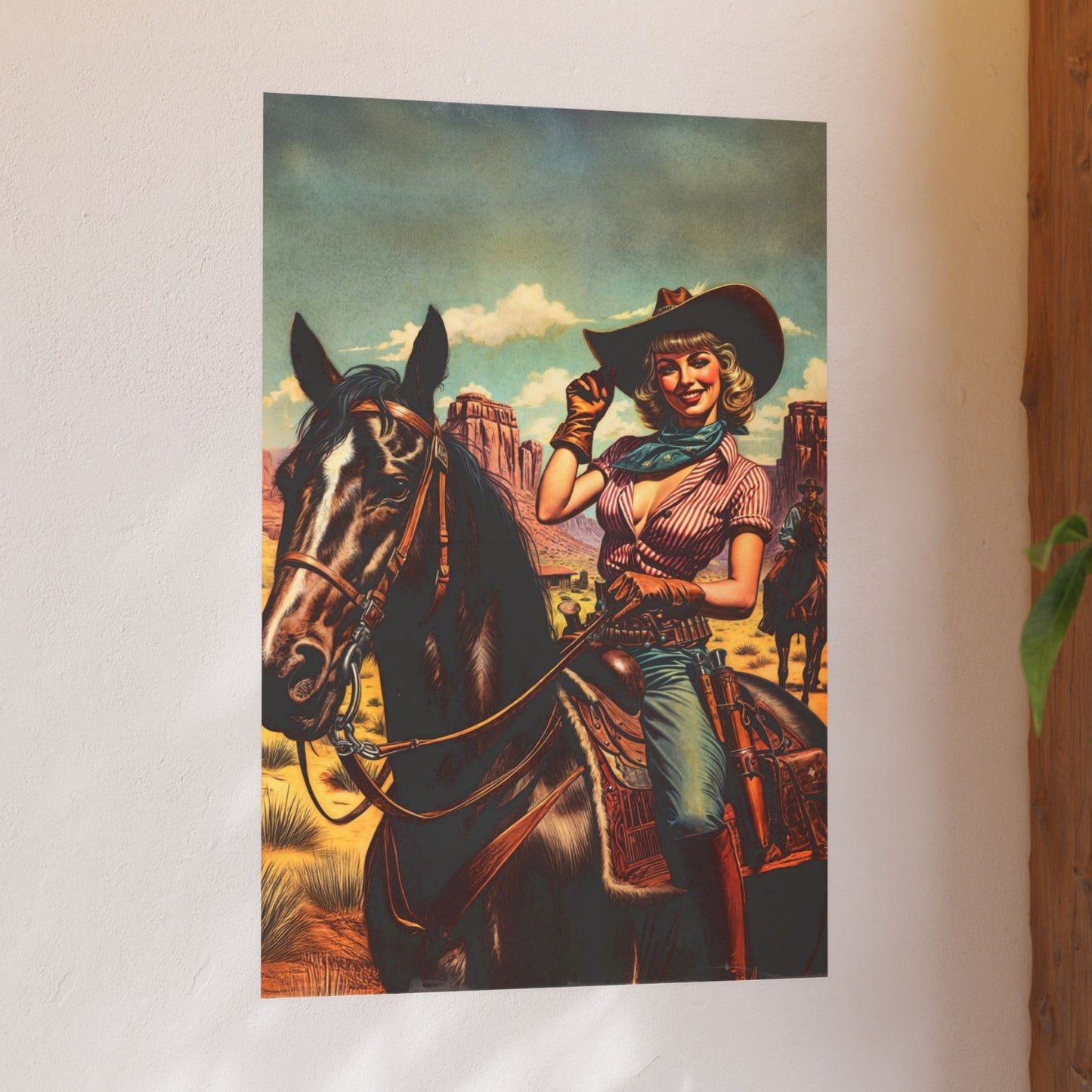 Poster - Retro Sassy Cowgirl Riding Horse - Wild Western Themed Portrait