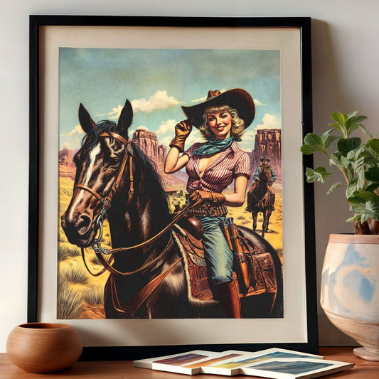 Retro style illustration of a cowgirl riding a horse. A desert background.