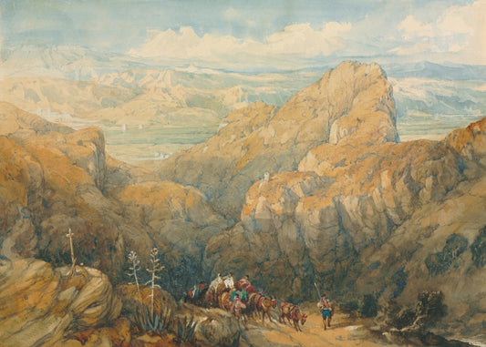 a painting of a mountain scene with a horse drawn carriage