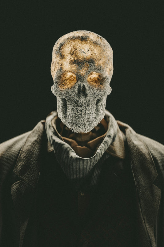a man with a skull mask on his head
