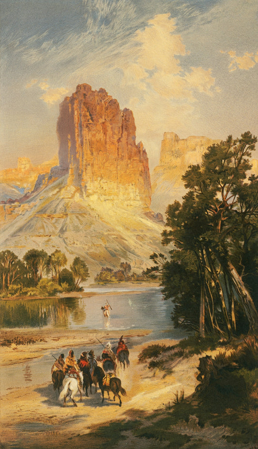 a painting of a group of people riding horses