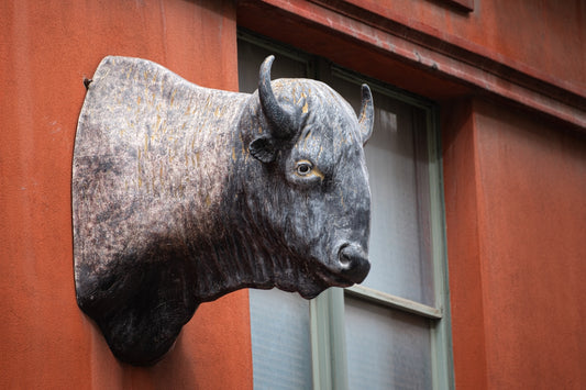 a statue of a bull on the side of a building