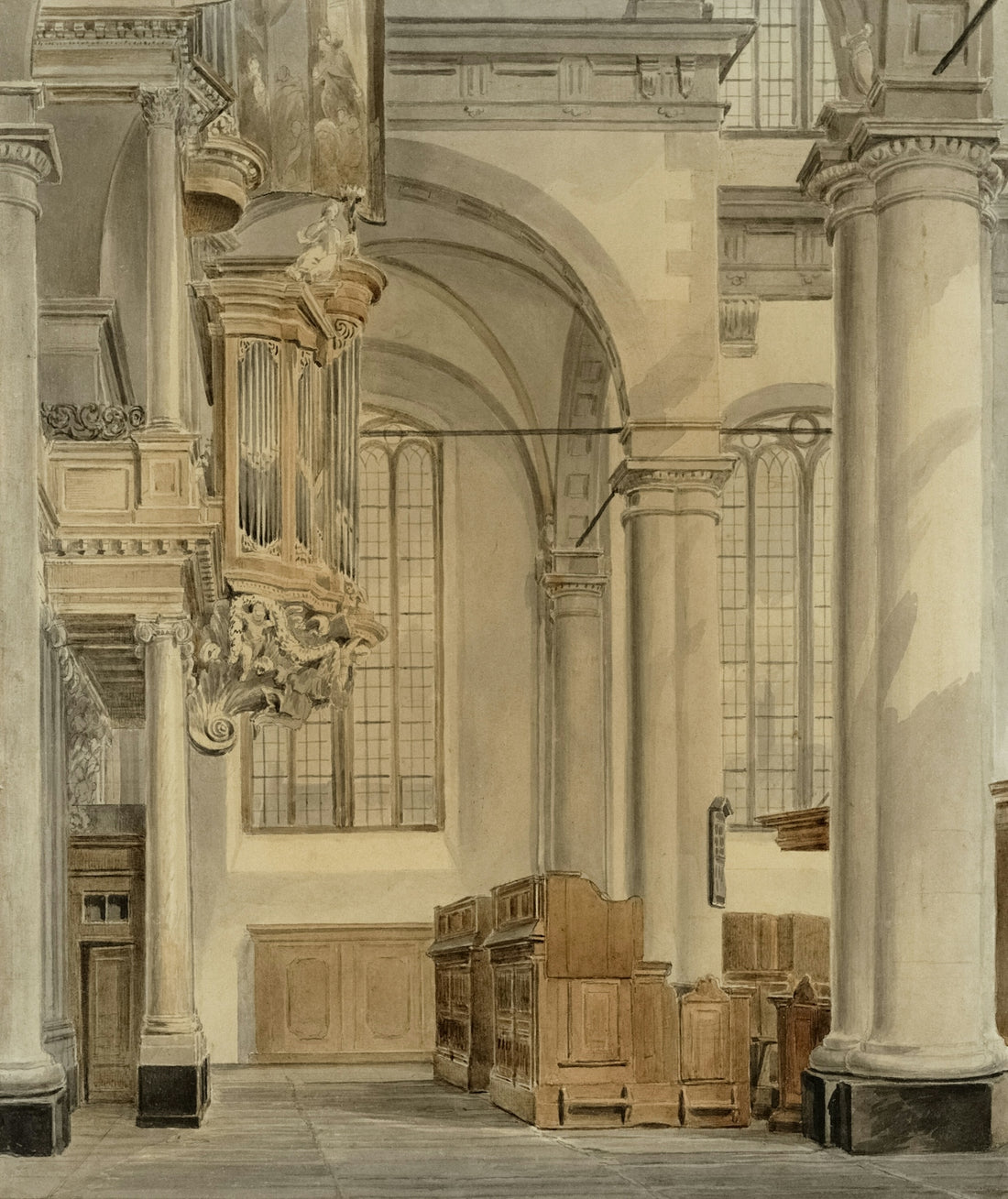 Interior of a grand church with an organ