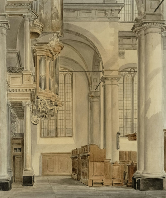 Interior of a grand church with an organ