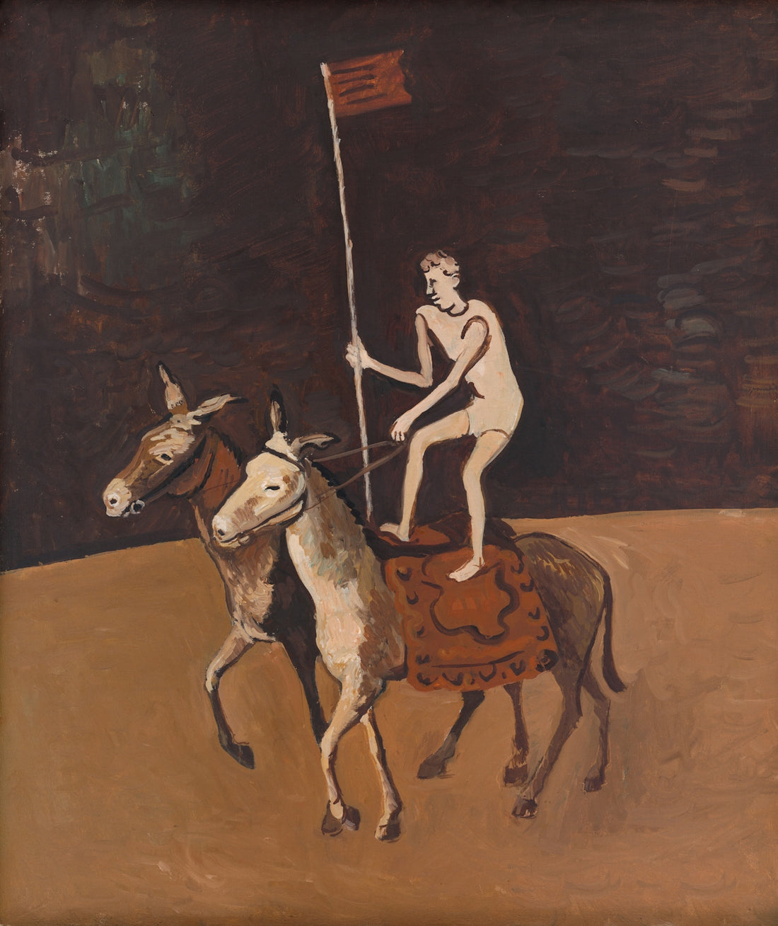 A person rides two donkeys holding a flag.