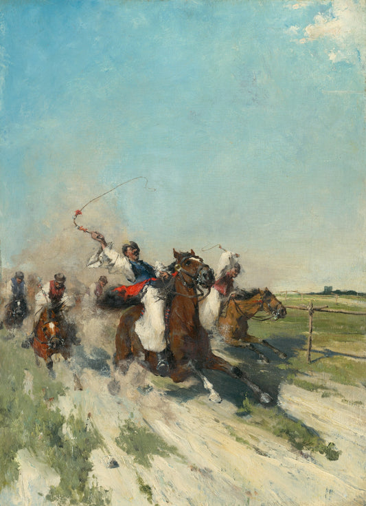 Riders race horses across a dusty field