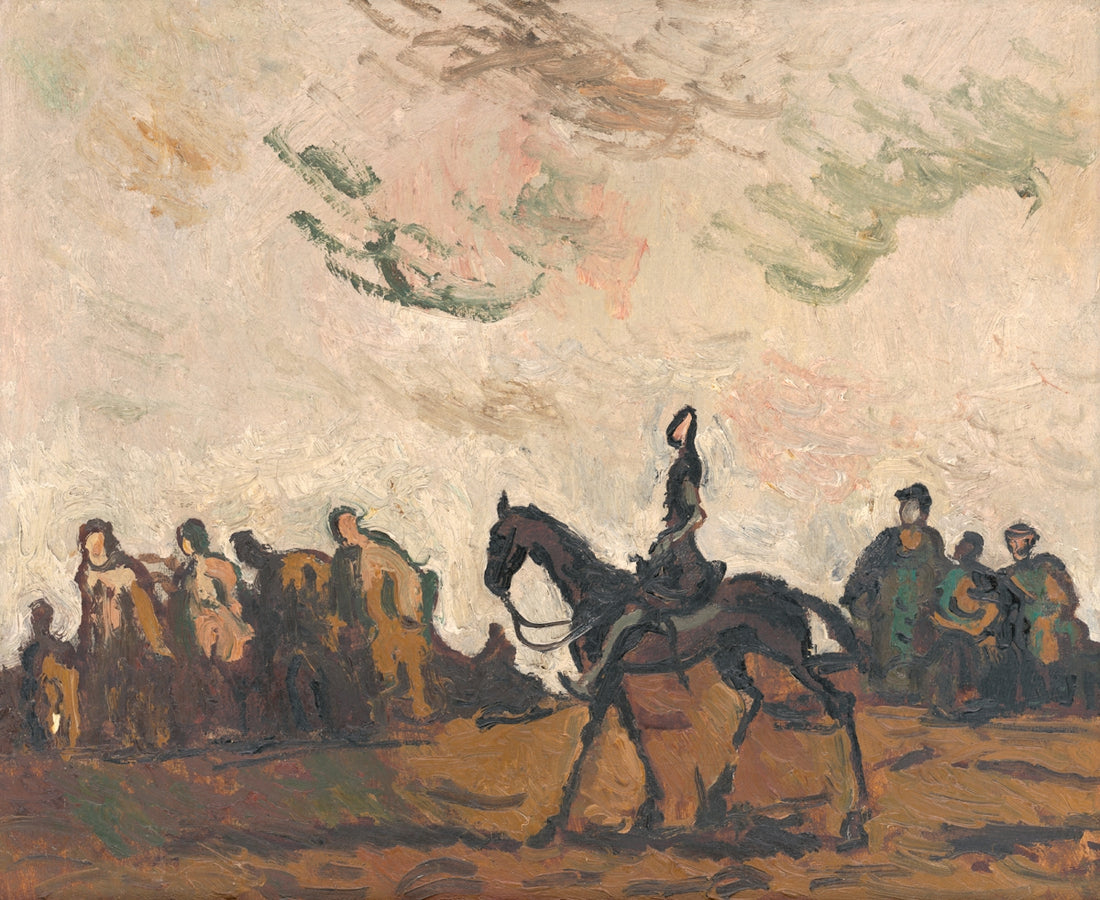 A woman on horseback with a crowd behind her.
