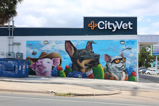 Mural of a pig, dog, and cat on a building