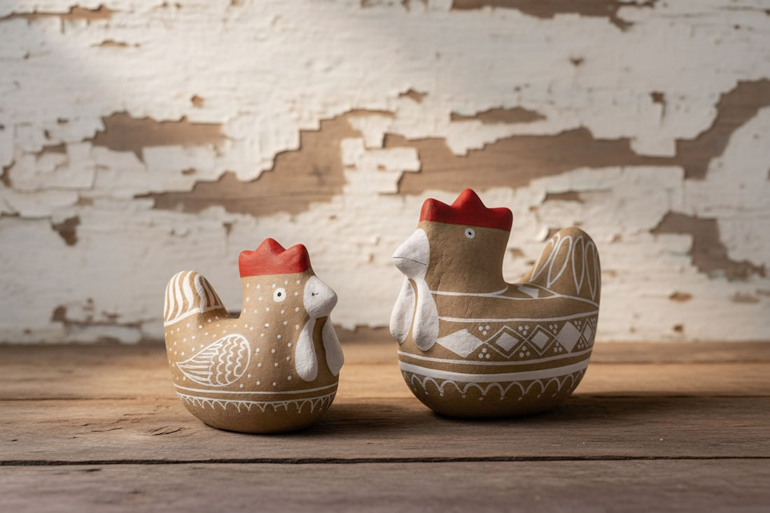 Two decorative ceramic chickens with red combs