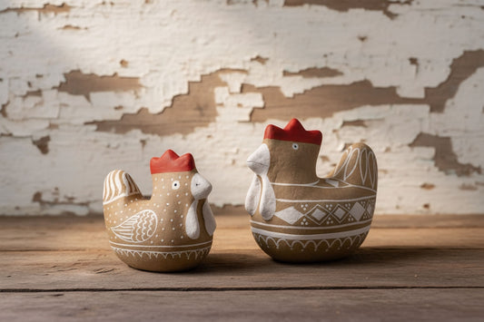 Two decorative ceramic chickens with red combs