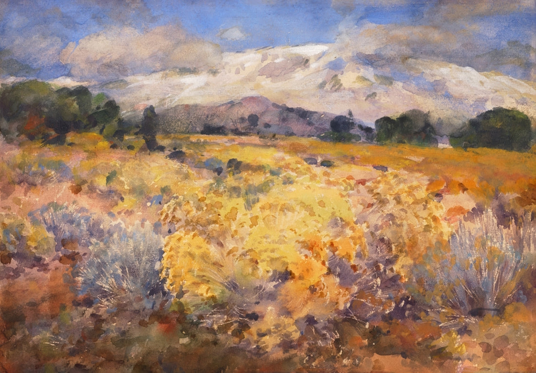 A vibrant landscape painting of mountains and fields.