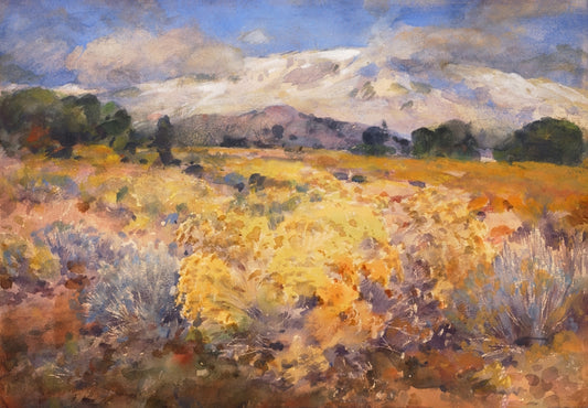 A vibrant landscape painting of mountains and fields.