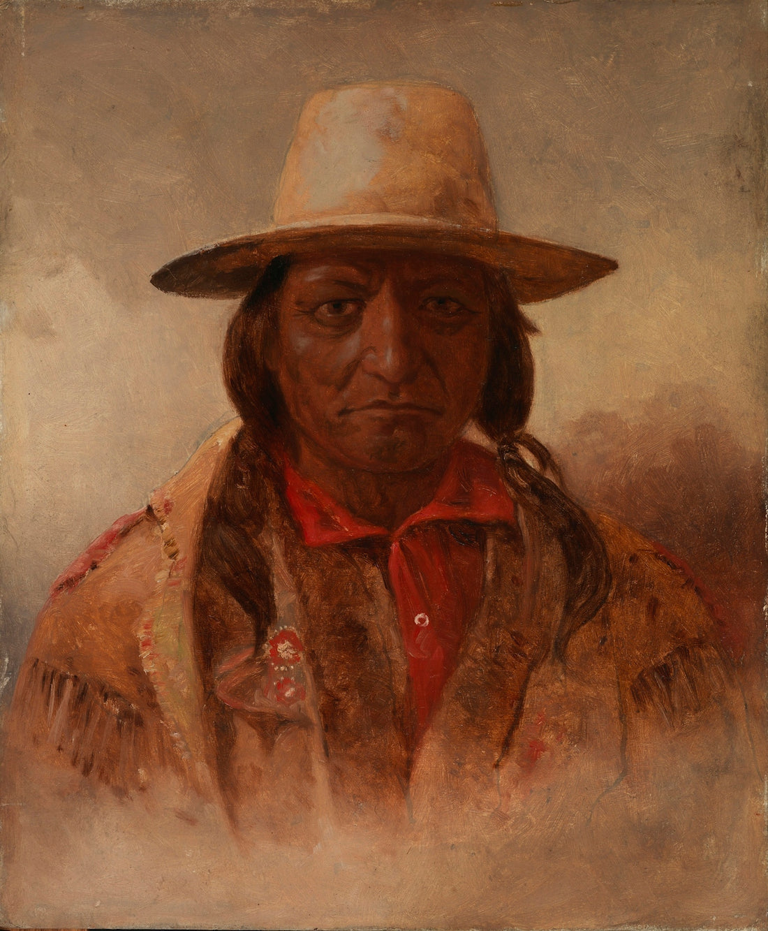 Painting of a man in a hat and fringed jacket.