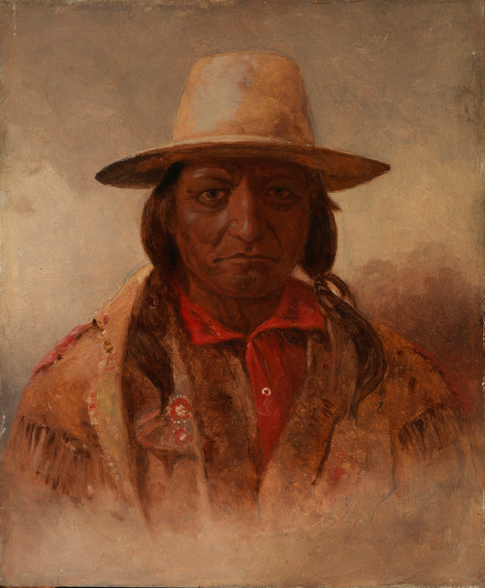Painting of a man in a hat and fringed jacket.