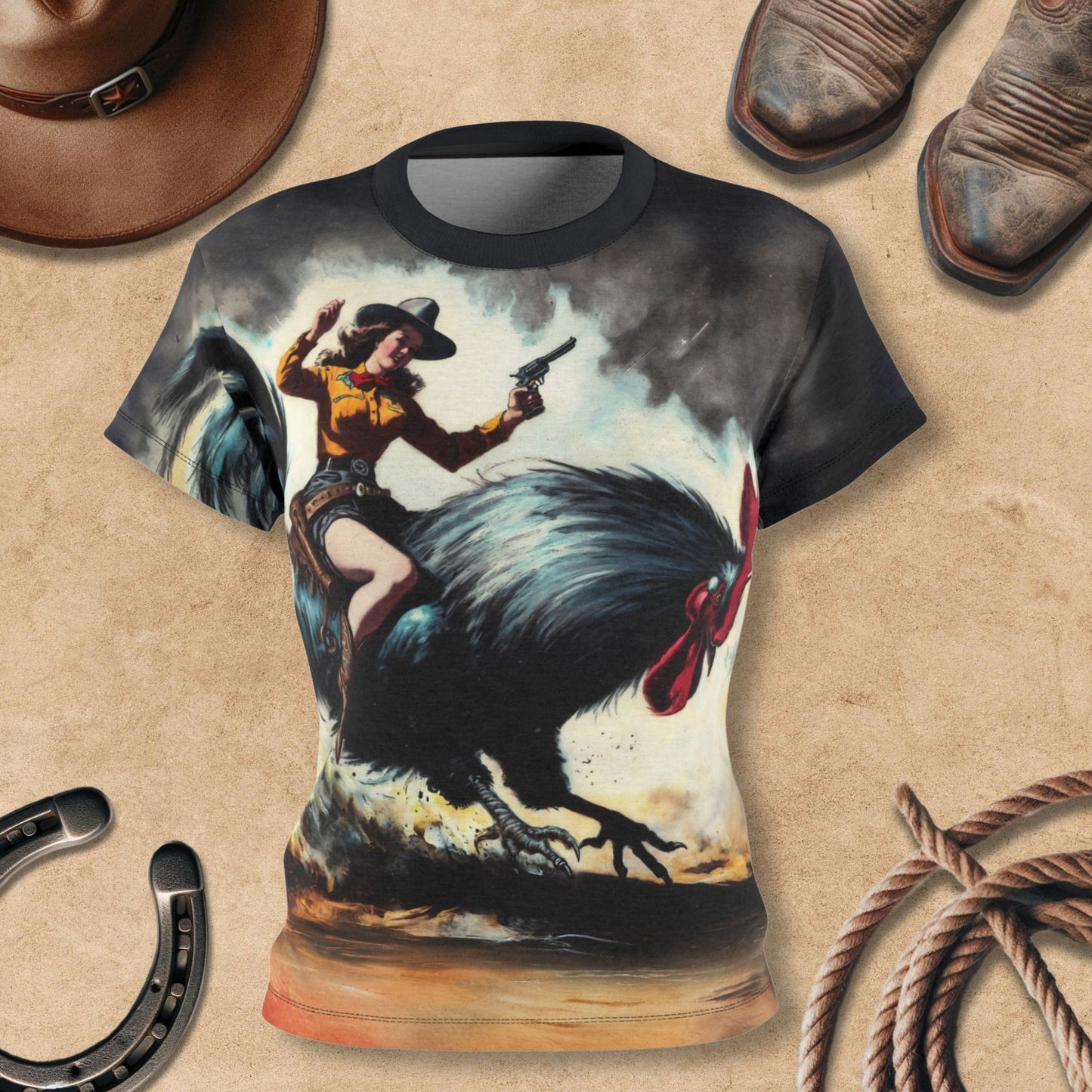 Women's Tee - Retro Ridin' the Rooster Rodeo Cowgirl Western Art Shirt