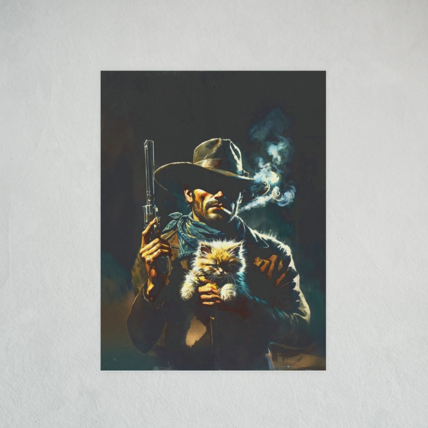 Poster Print - Smoking Cowboy with Kitten, Western Style Gunslinger Portrait