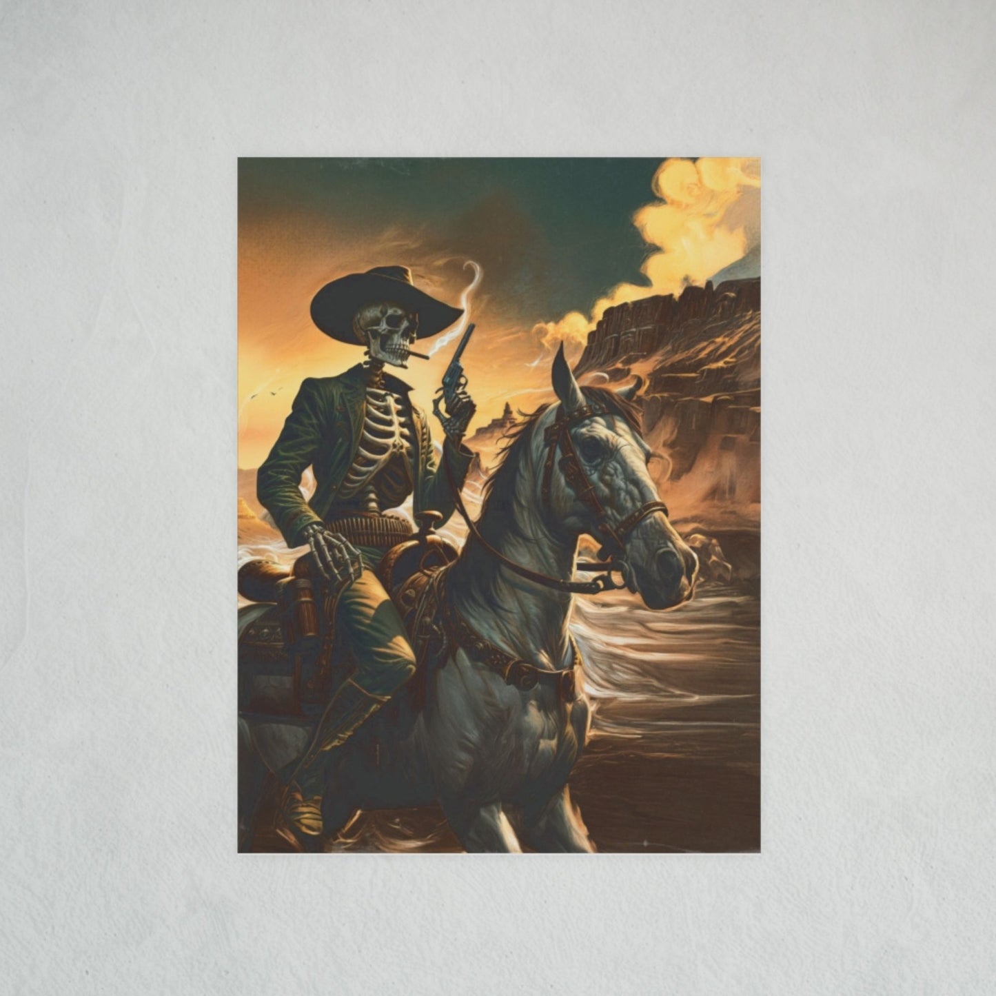 Poster - Smoking Cowboy Skeleton Riding Pale Horse Retro Western Gunslinger Portrait