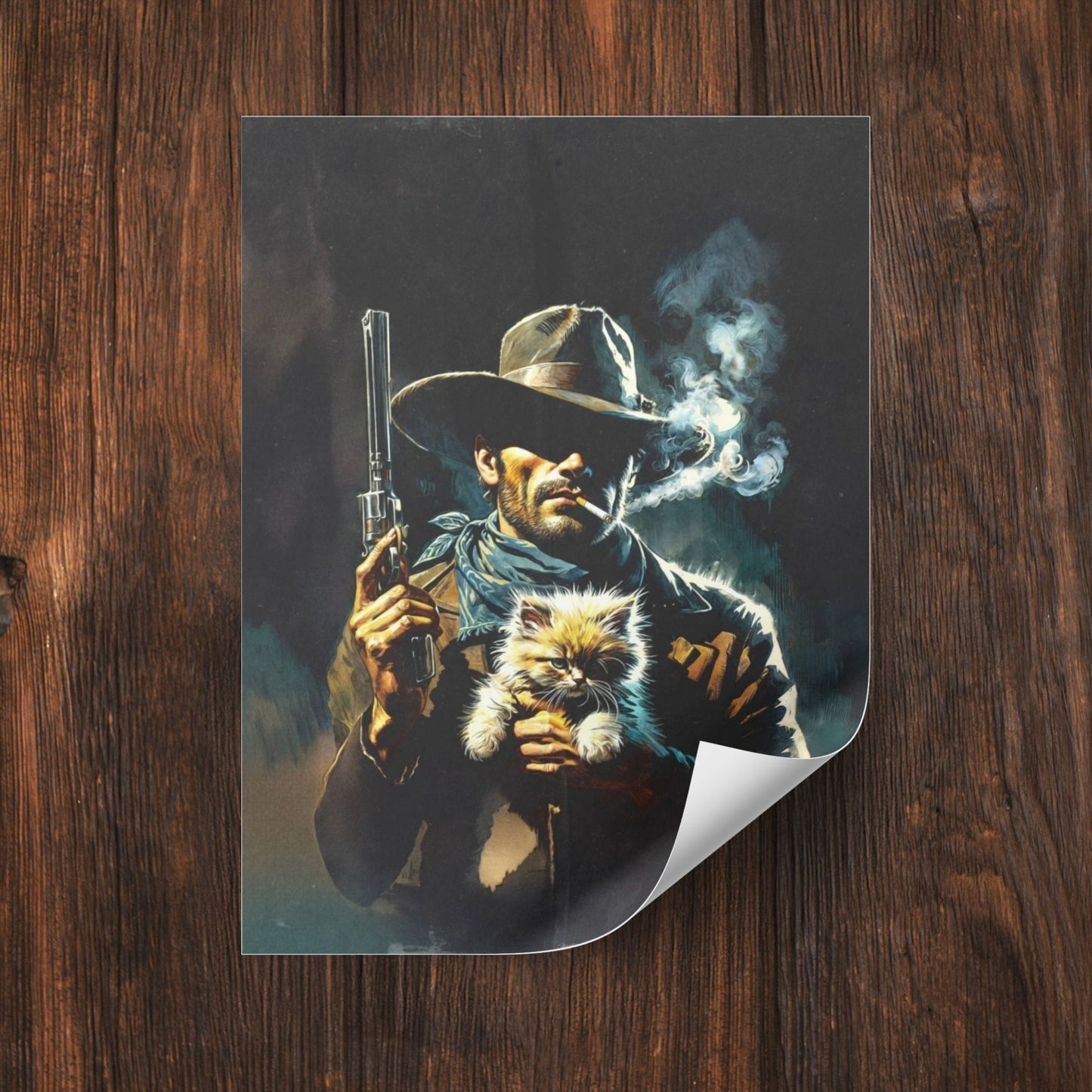 Poster Print - Smoking Cowboy with Kitten, Western Style Gunslinger Portrait