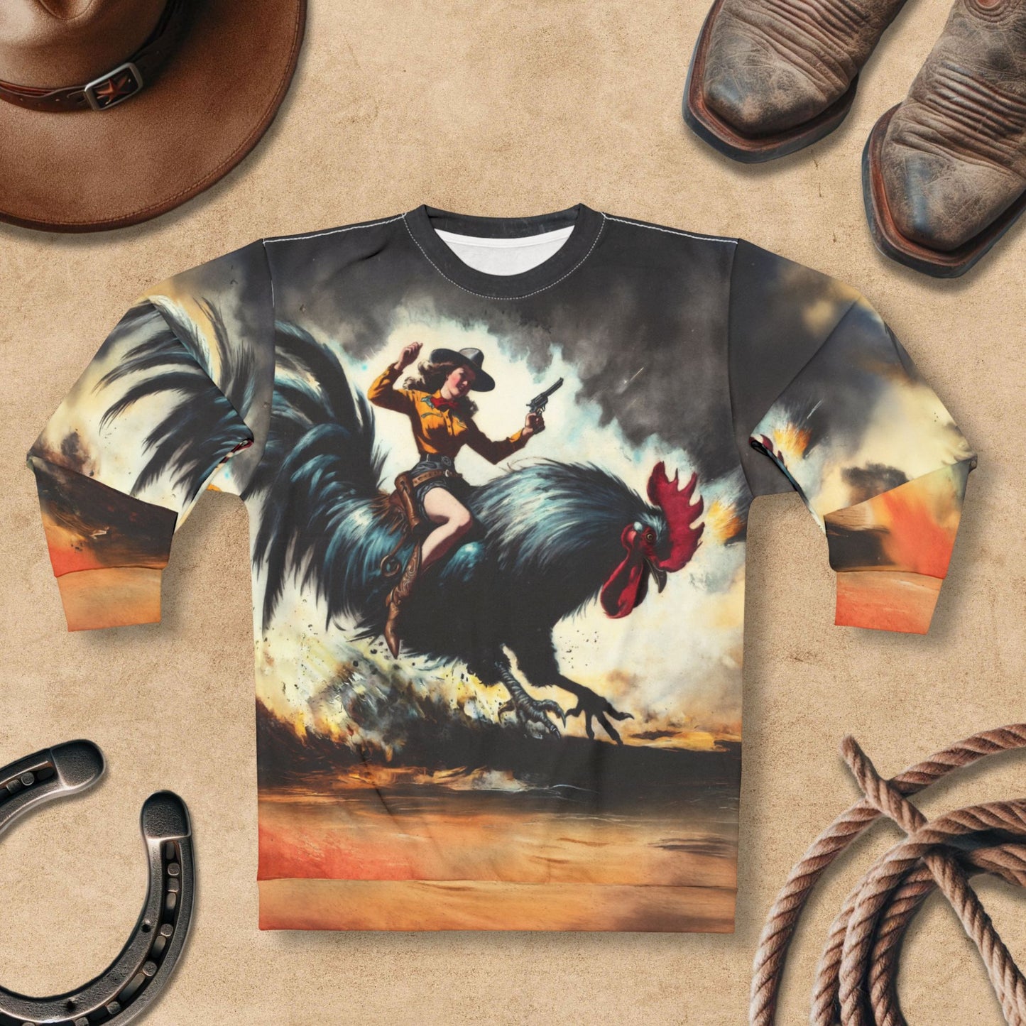 Retro Ridin' the Rooster Rodeo Cowgirl Western Art Sweatshirt