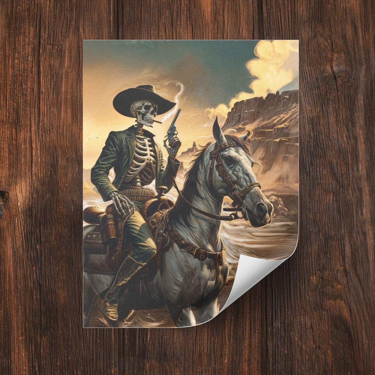 Poster - Smoking Cowboy Skeleton Riding Pale Horse Retro Western Gunslinger Portrait
