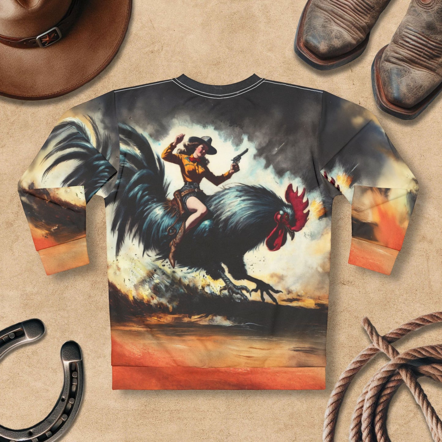 Retro Ridin' the Rooster Rodeo Cowgirl Western Art Sweatshirt