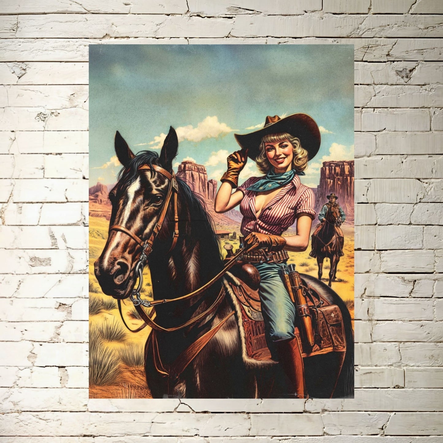 Poster - Retro Sassy Cowgirl Riding Horse - Wild Western Themed Portrait