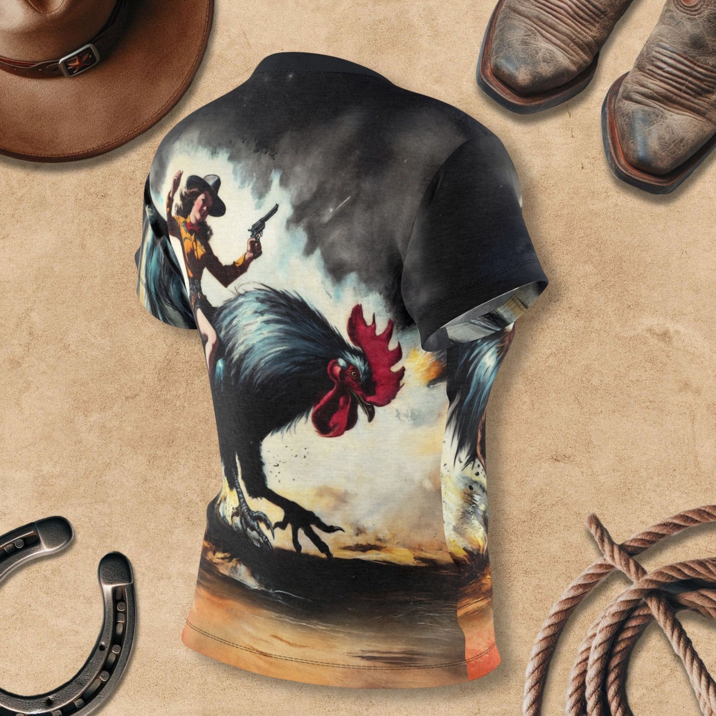 Women's Tee - Retro Ridin' the Rooster Rodeo Cowgirl Western Art Shirt