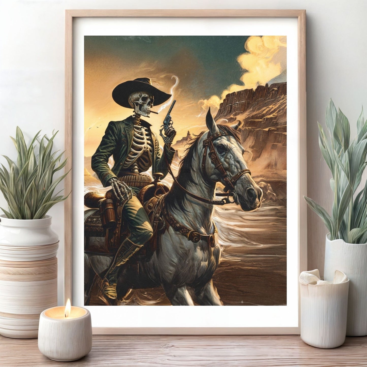 Poster - Smoking Cowboy Skeleton Riding Pale Horse Retro Western Gunslinger Portrait