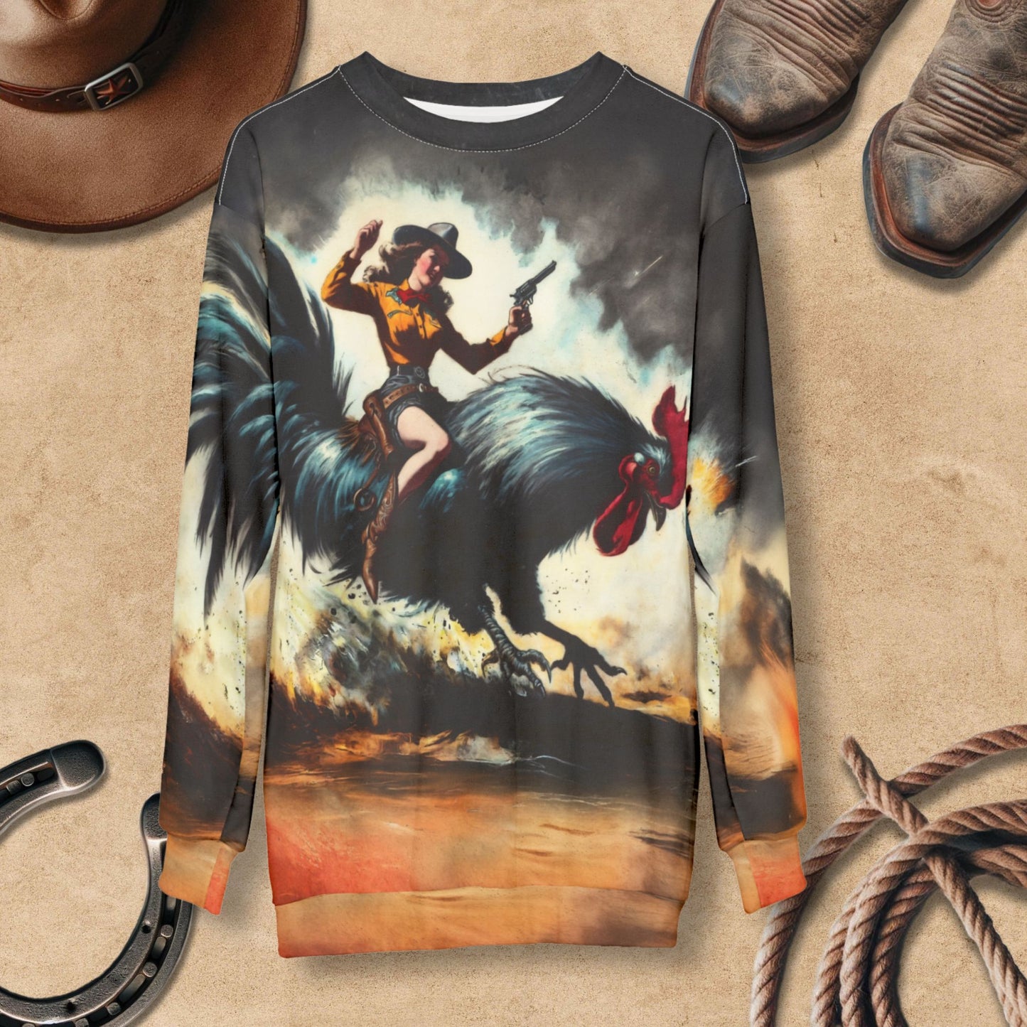 Retro Ridin' the Rooster Rodeo Cowgirl Western Art Sweatshirt