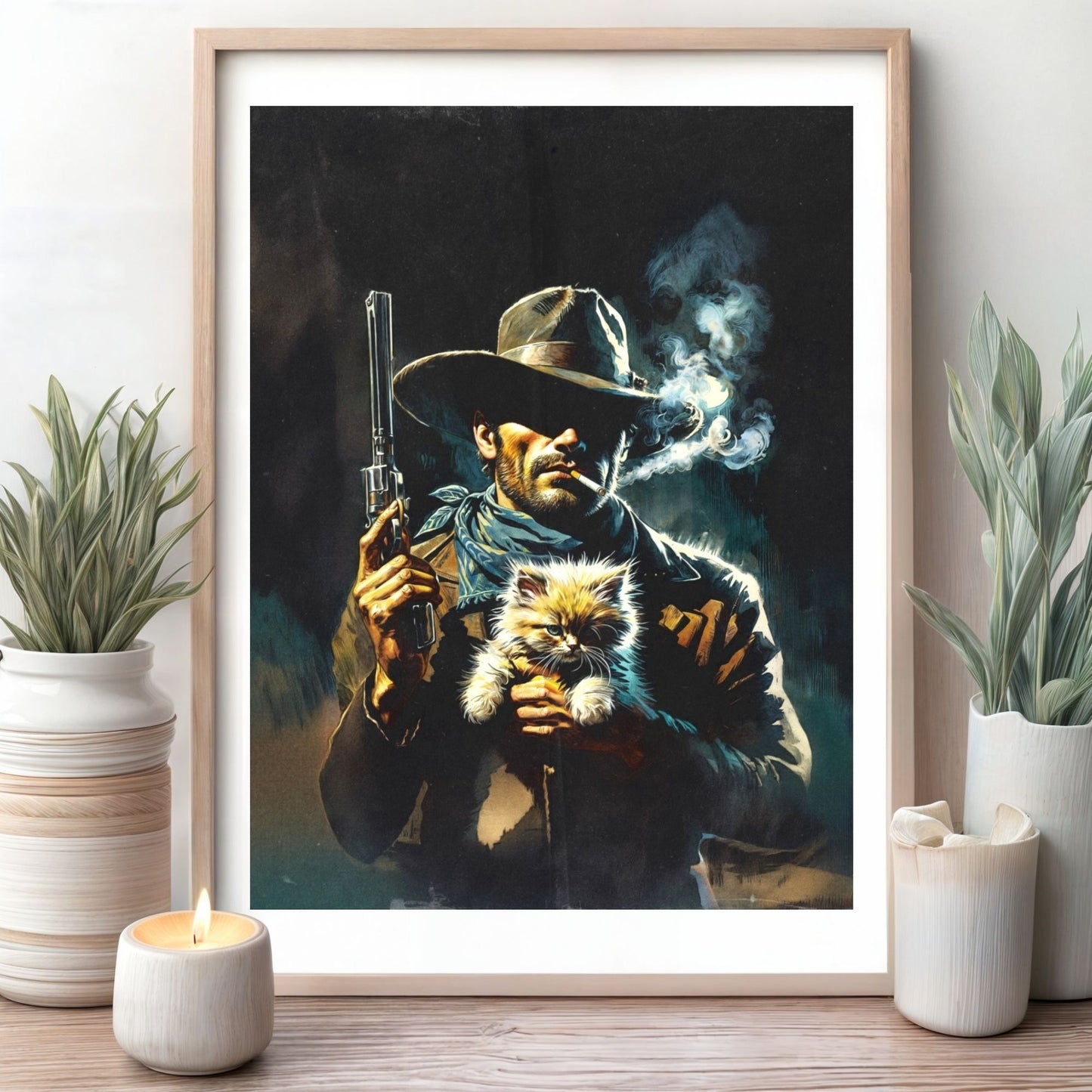 Poster Print - Smoking Cowboy with Kitten, Western Style Gunslinger Portrait