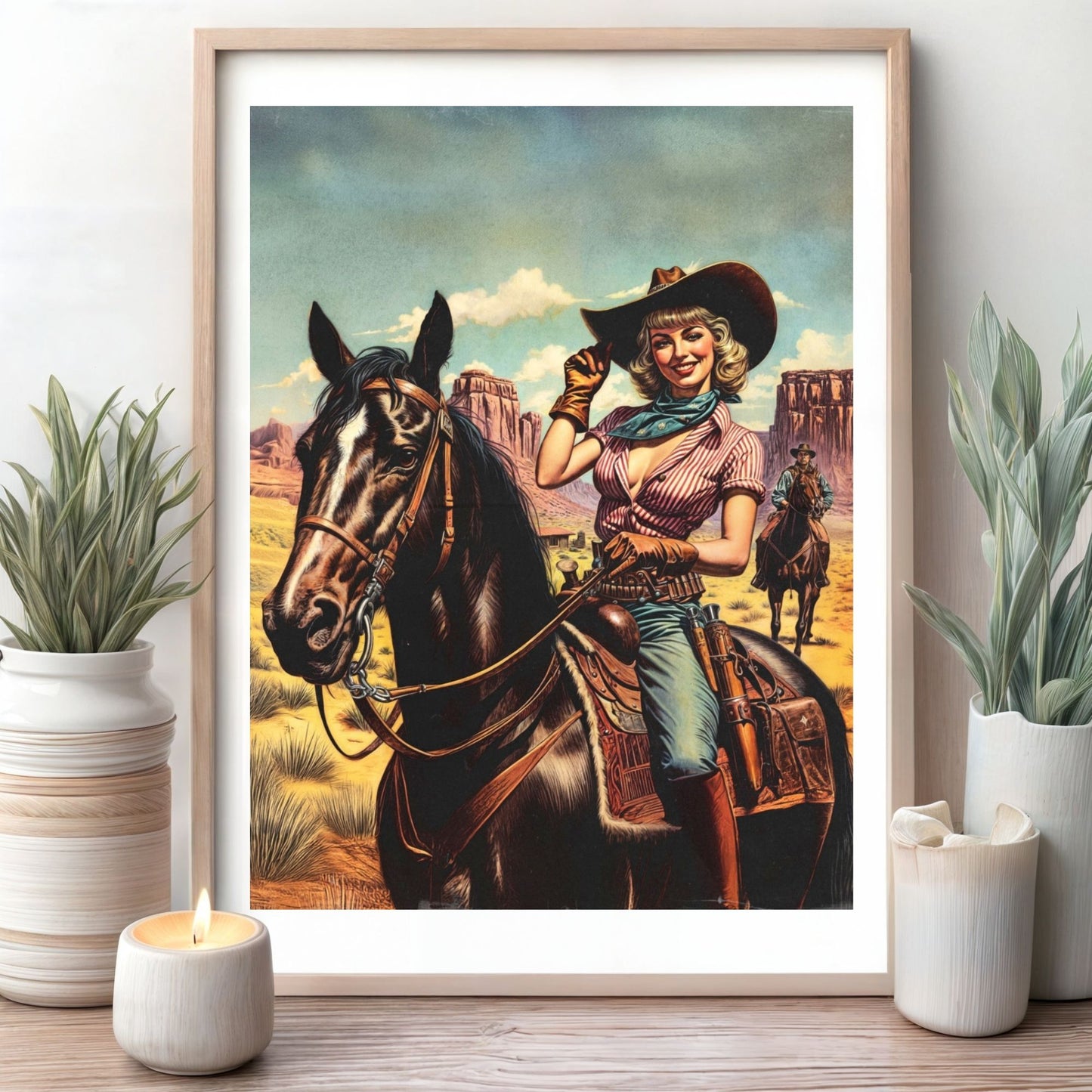Poster - Retro Sassy Cowgirl Riding Horse - Wild Western Themed Portrait