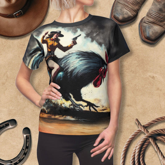 Women's Tee - Retro Ridin' the Rooster Rodeo Cowgirl Western Art Shirt
