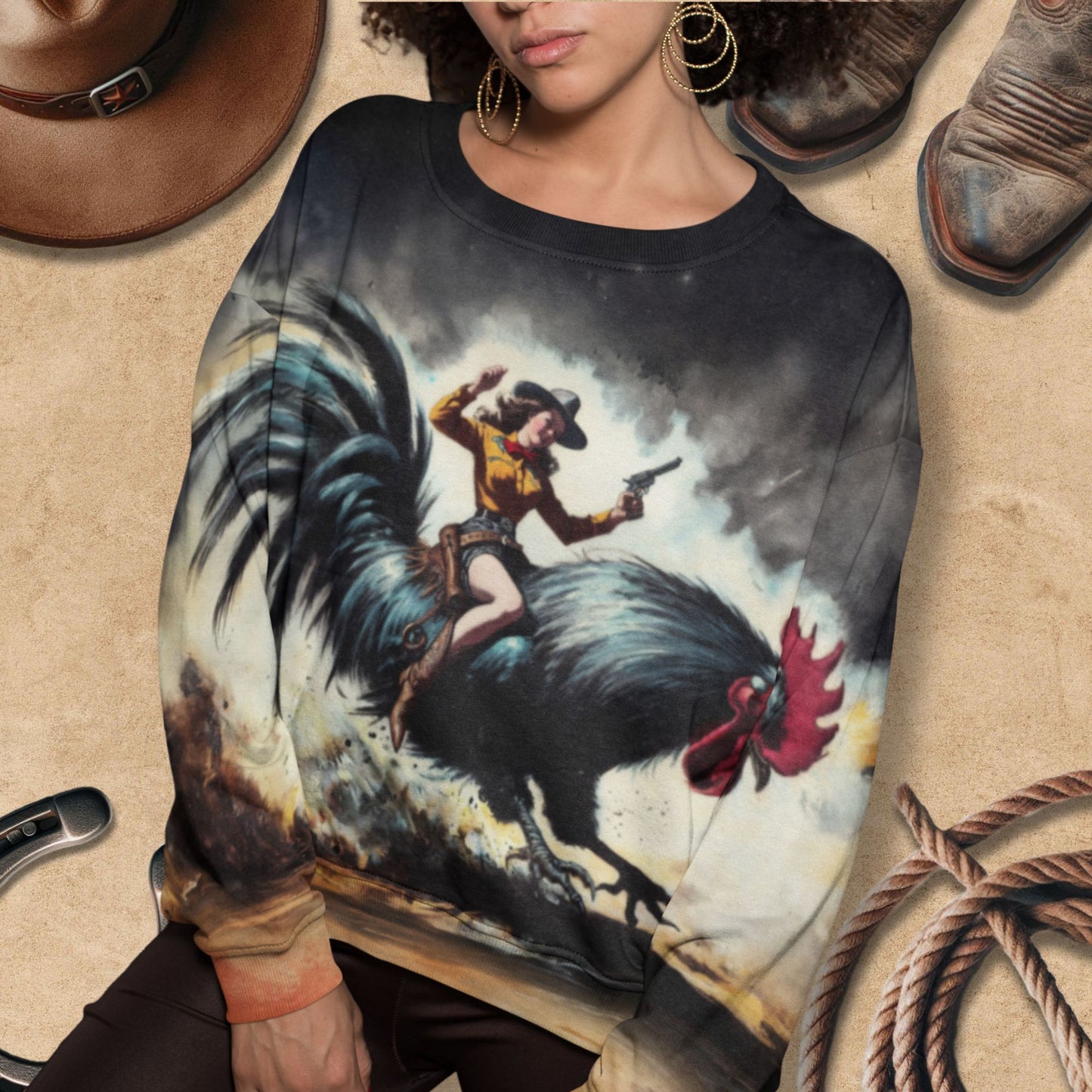 Retro Ridin' the Rooster Rodeo Cowgirl Western Art Sweatshirt