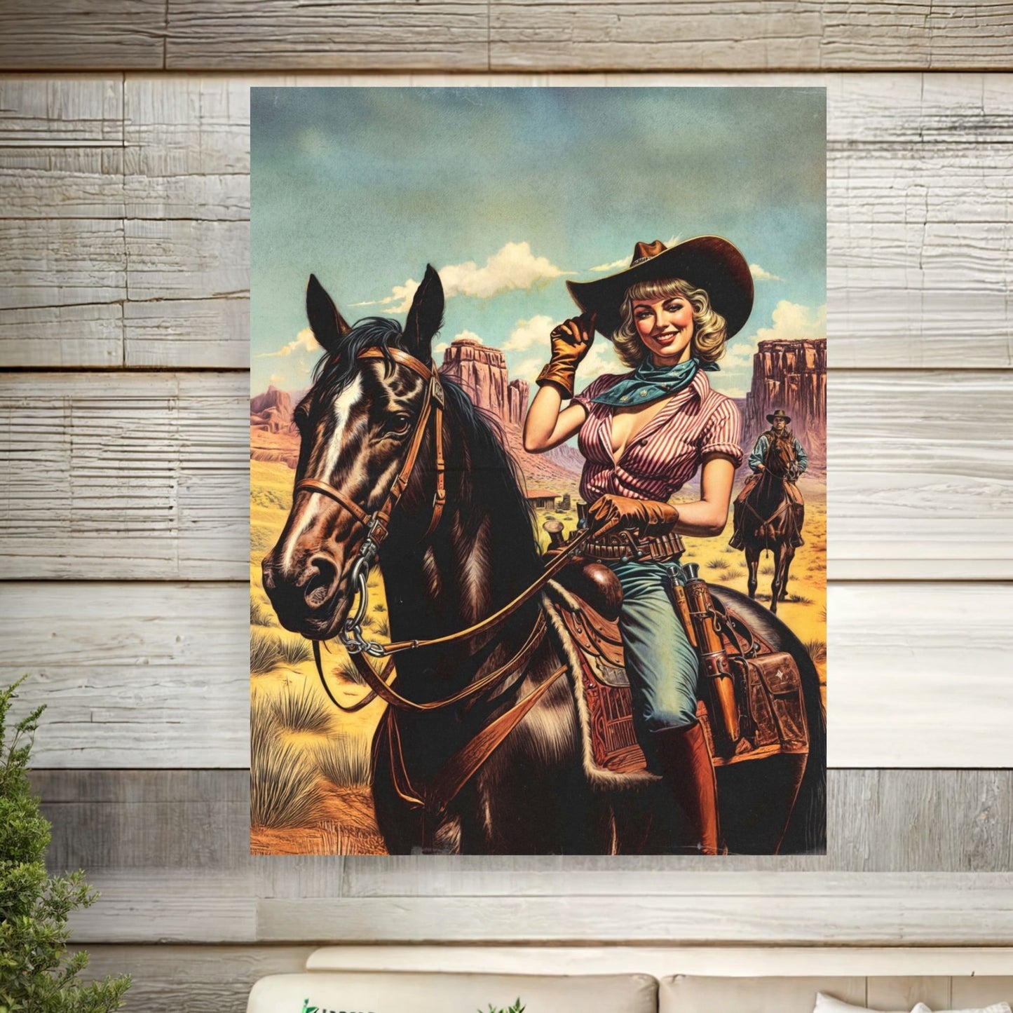Poster - Retro Sassy Cowgirl Riding Horse - Wild Western Themed Portrait