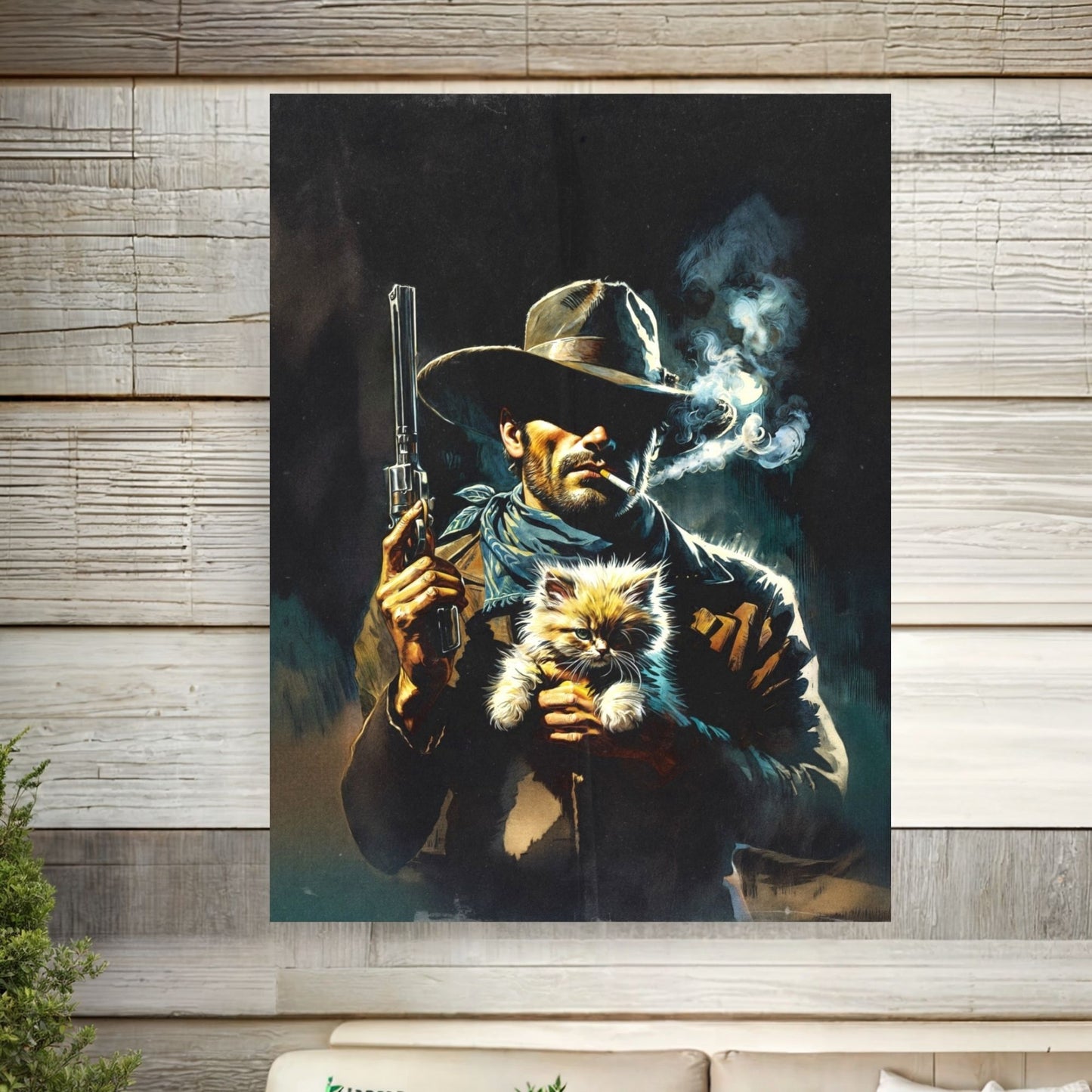 Poster Print - Smoking Cowboy with Kitten, Western Style Gunslinger Portrait