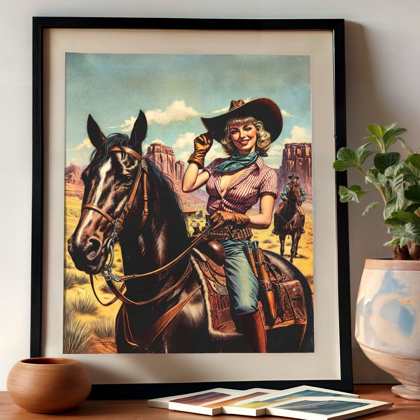 Poster - Retro Sassy Cowgirl Riding Horse - Wild Western Themed Portrait