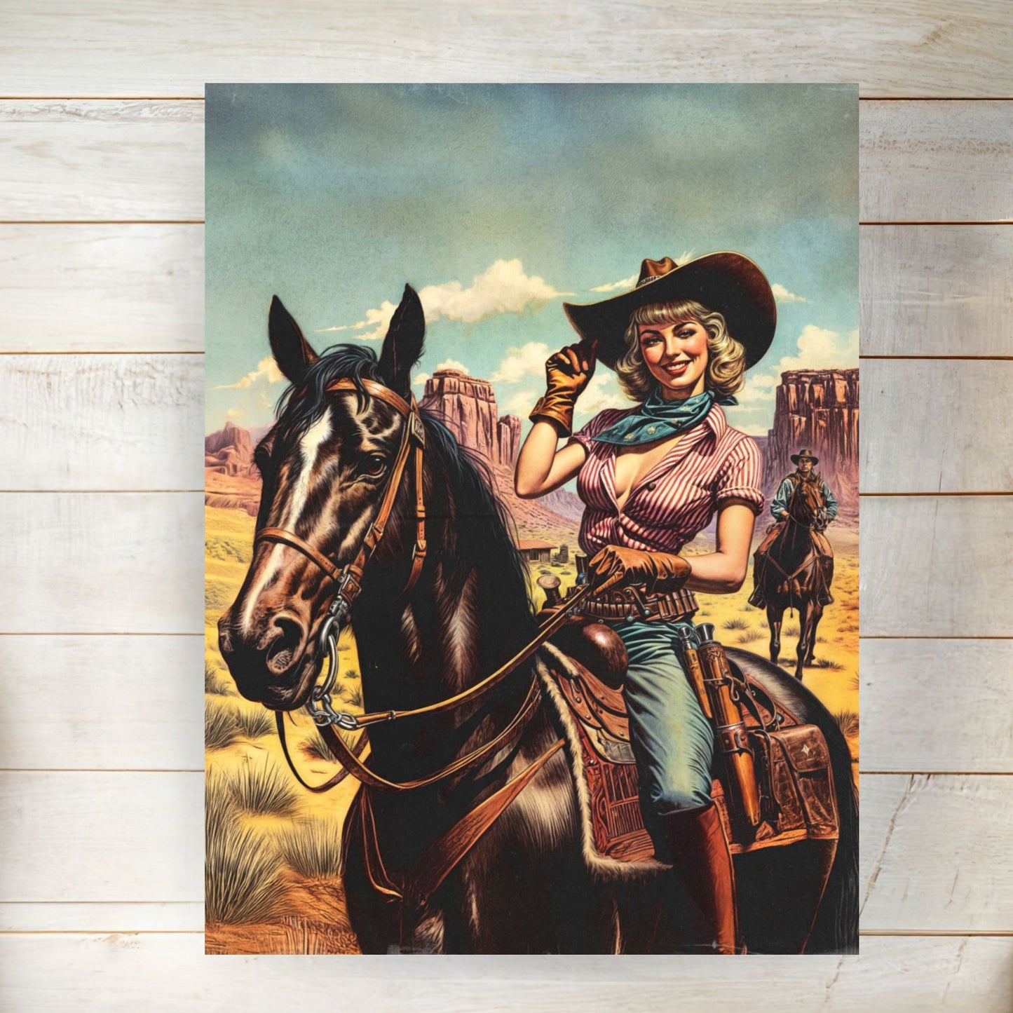 Poster - Retro Sassy Cowgirl Riding Horse - Wild Western Themed Portrait