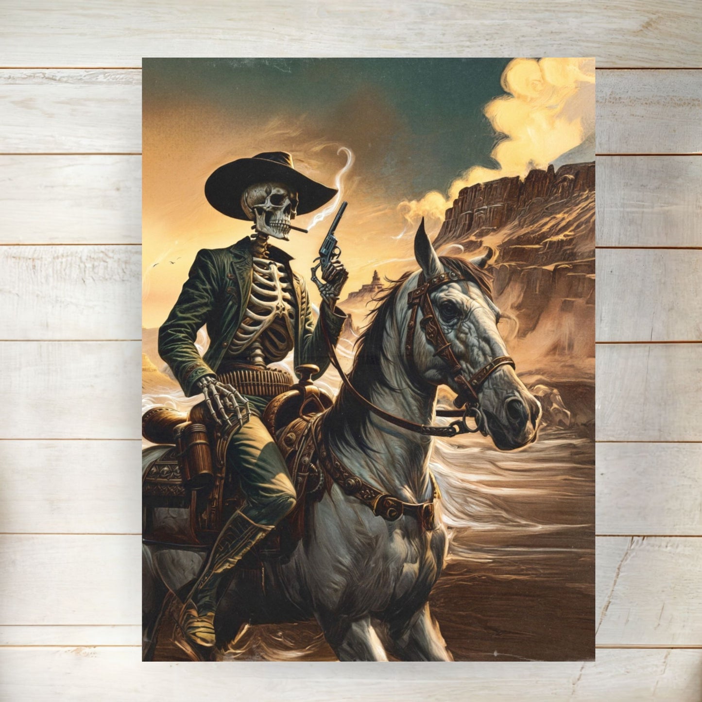 Poster - Smoking Cowboy Skeleton Riding Pale Horse Retro Western Gunslinger Portrait
